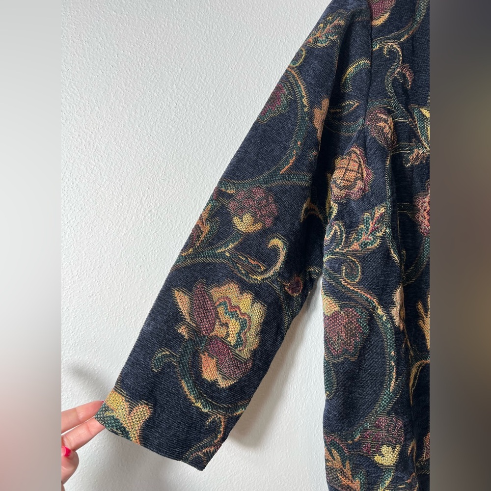 Susan Graver Floral Tapestry Button Up Suede Collar Navy Blue Blazer Jacket 1X - Picture 4 of 7